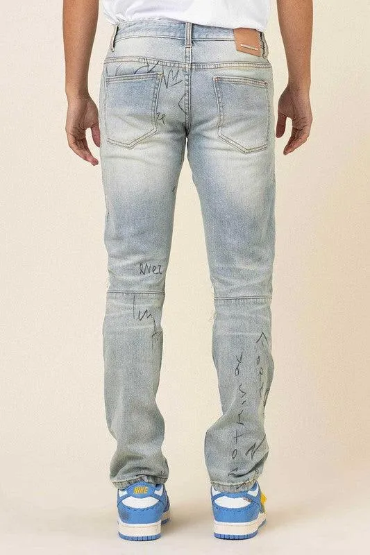 Mens All Over Doodling Slim Fit Denim Jeans