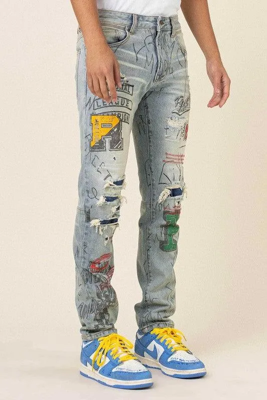 Mens All Over Doodling Slim Fit Denim Jeans