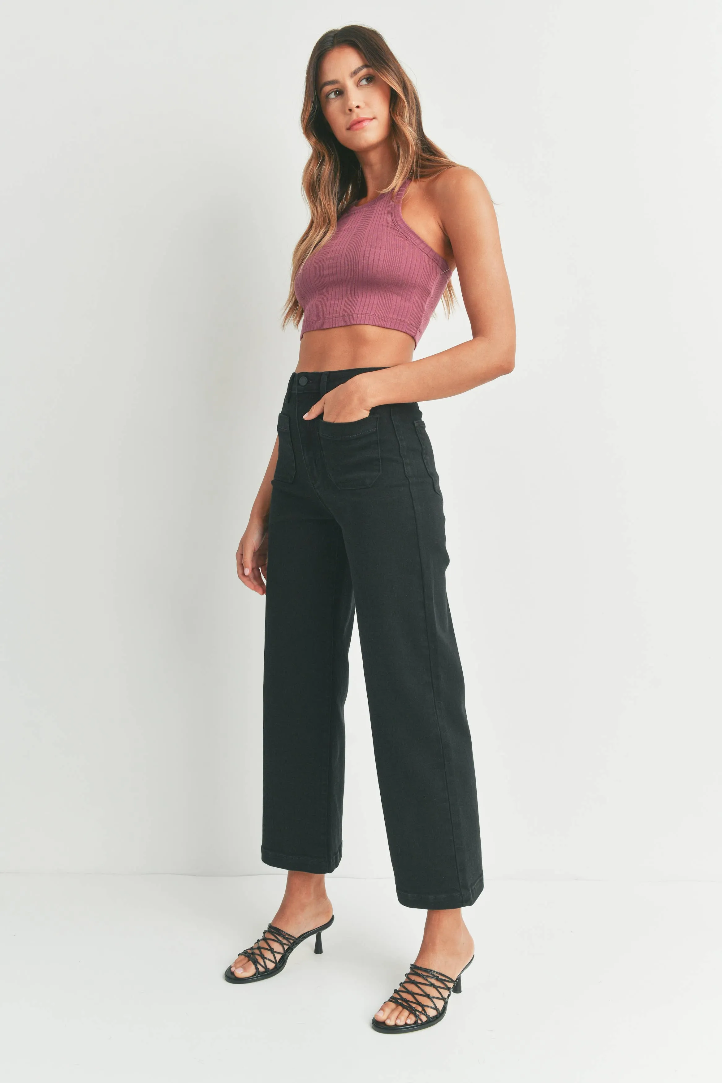 Patch Pocket Wide Leg Denim - Black