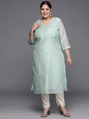 Plus Size Blue Yoke Design Chanderi Cotton Straight Kurta
