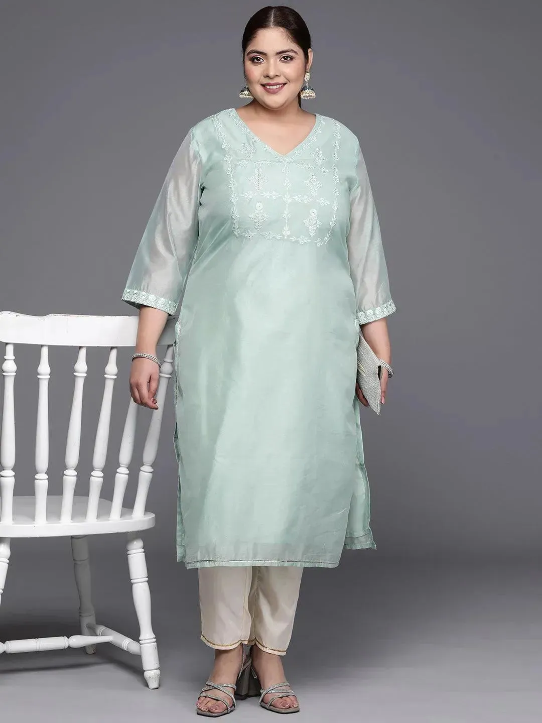 Plus Size Blue Yoke Design Chanderi Cotton Straight Kurta