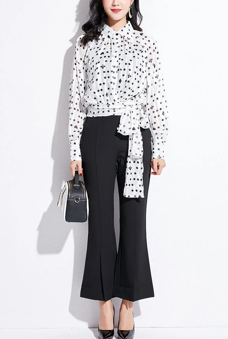 Polka Dot Printed Long Sleeve Chiffon Wrap Shirt