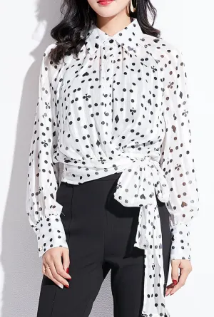 Polka Dot Printed Long Sleeve Chiffon Wrap Shirt