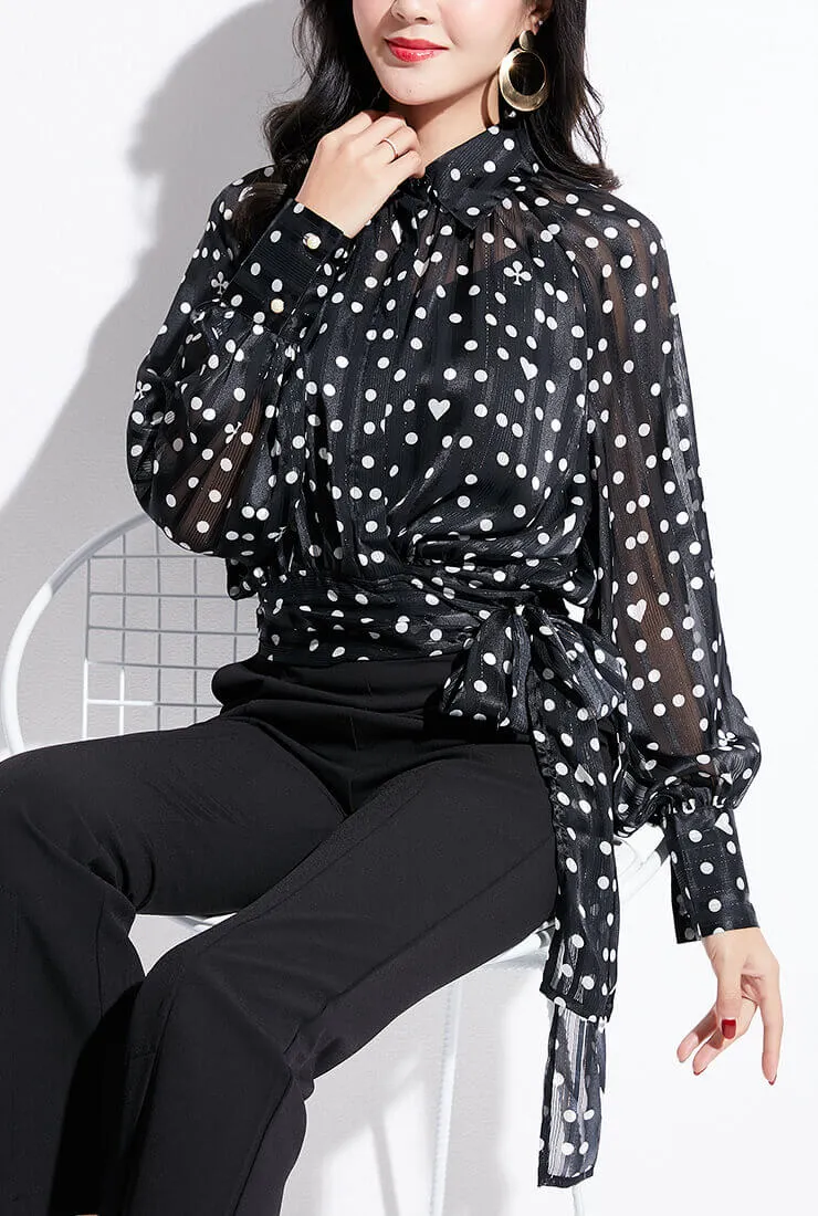 Polka Dot Printed Long Sleeve Chiffon Wrap Shirt