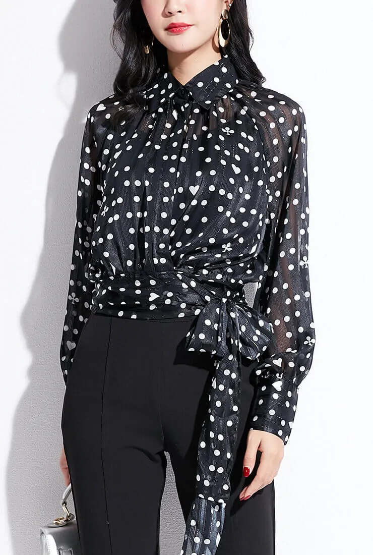 Polka Dot Printed Long Sleeve Chiffon Wrap Shirt