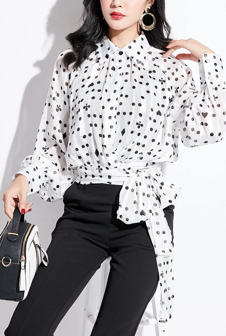 Polka Dot Printed Long Sleeve Chiffon Wrap Shirt