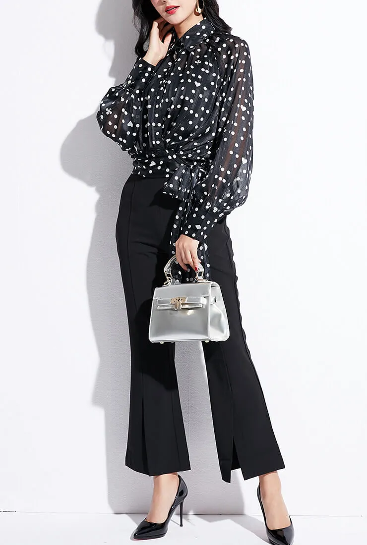 Polka Dot Printed Long Sleeve Chiffon Wrap Shirt