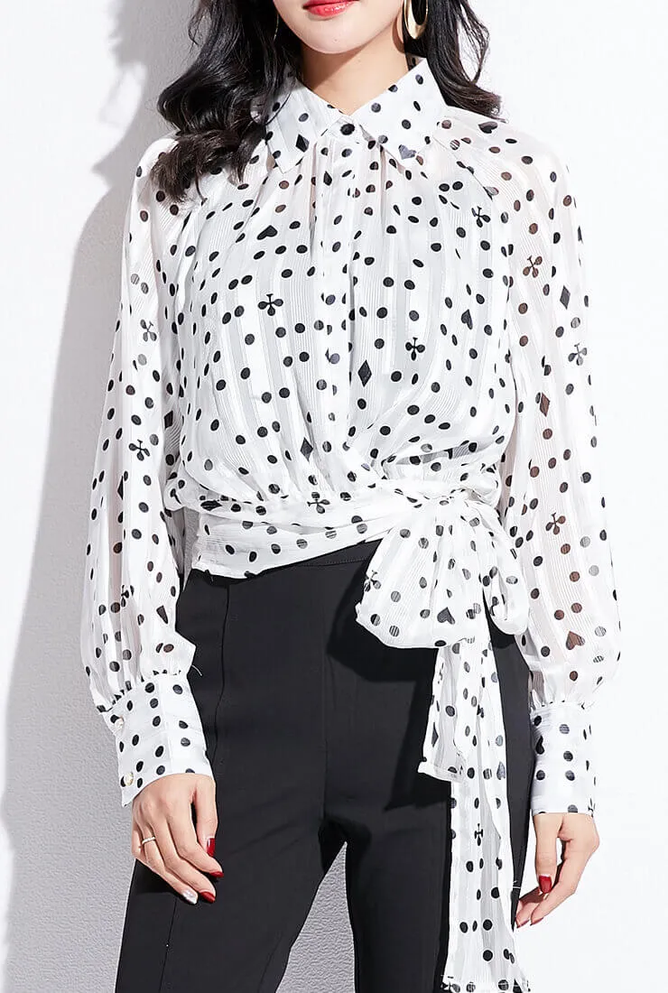 Polka Dot Printed Long Sleeve Chiffon Wrap Shirt