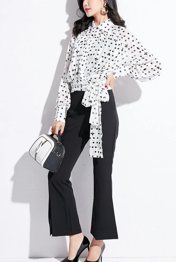 Polka Dot Printed Long Sleeve Chiffon Wrap Shirt