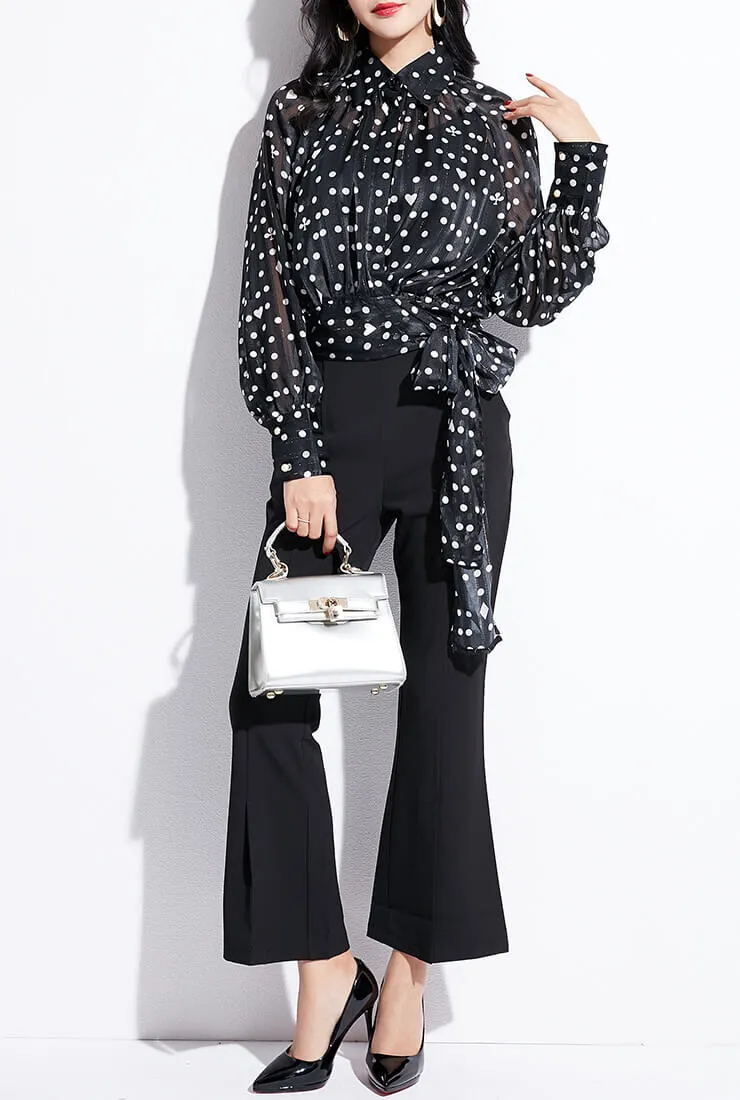 Polka Dot Printed Long Sleeve Chiffon Wrap Shirt