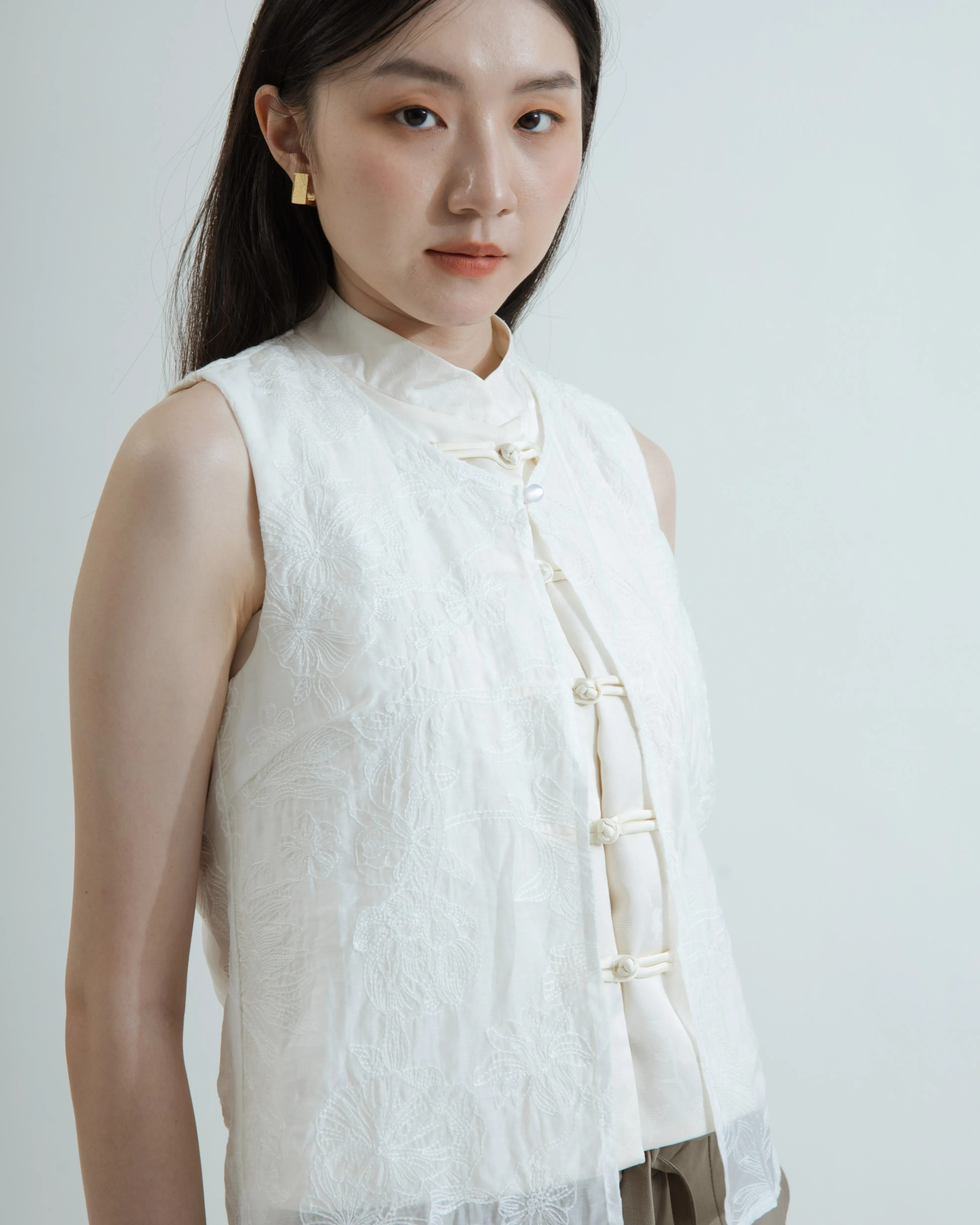 Sheer Layered Embroidery Cheongsam Top (Beige)