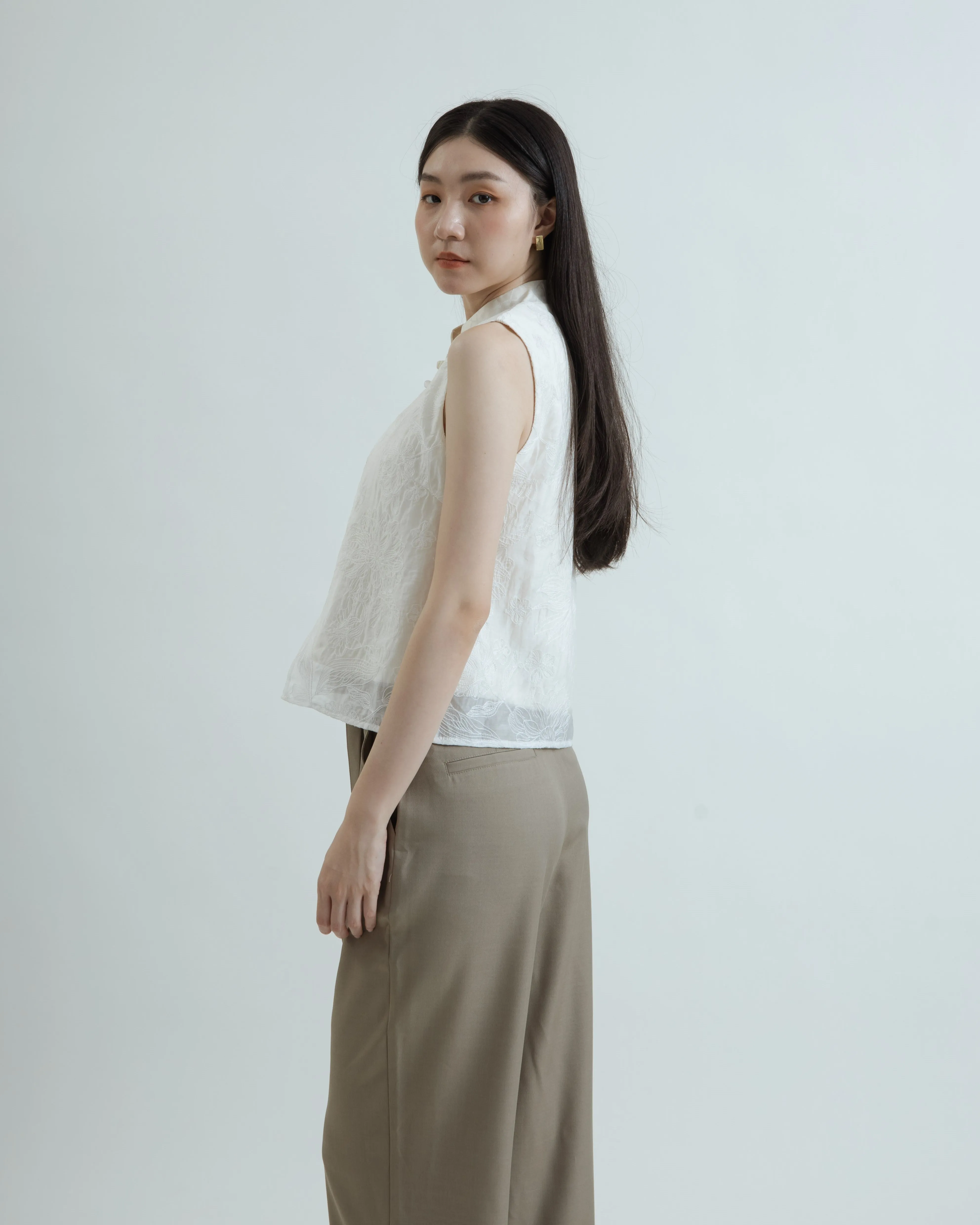 Sheer Layered Embroidery Cheongsam Top (Beige)