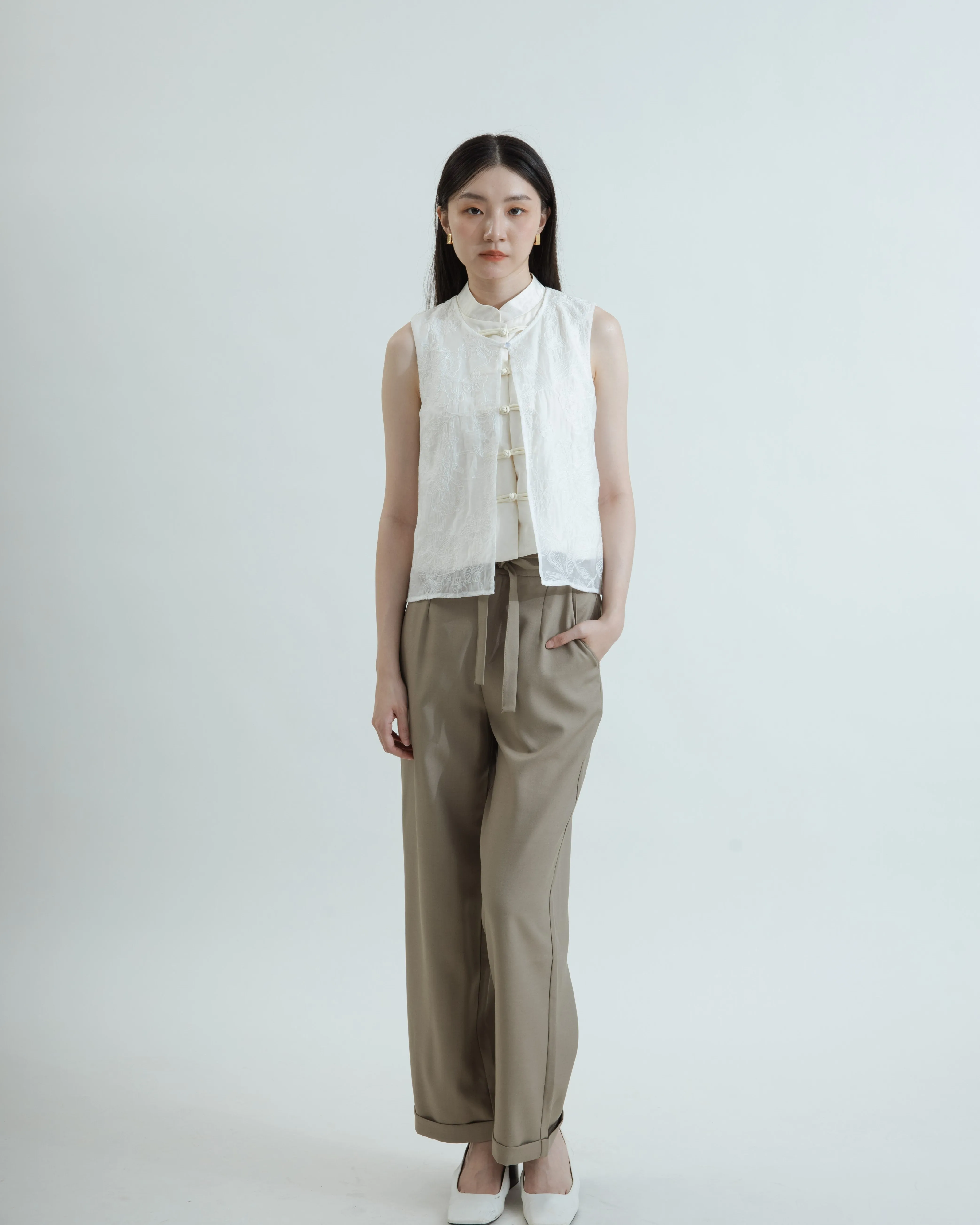 Sheer Layered Embroidery Cheongsam Top (Beige)