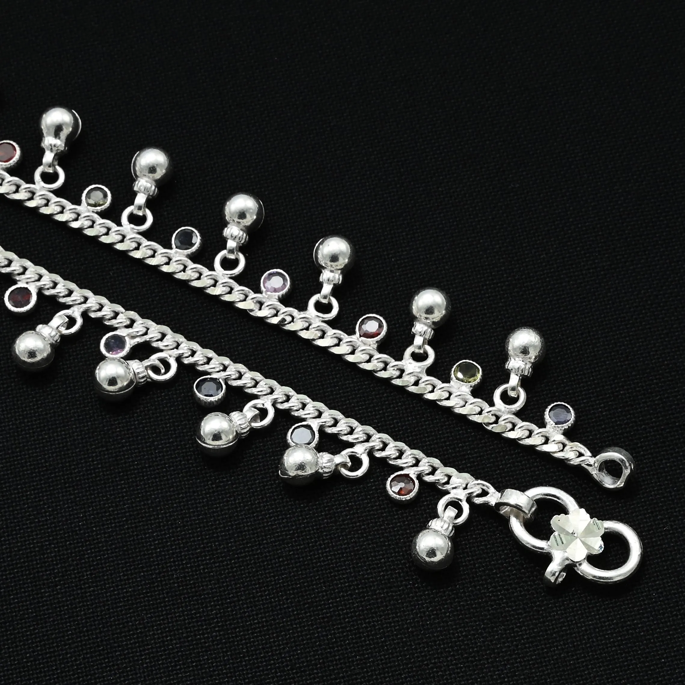 SIlver Large Beads With Gems Anklet