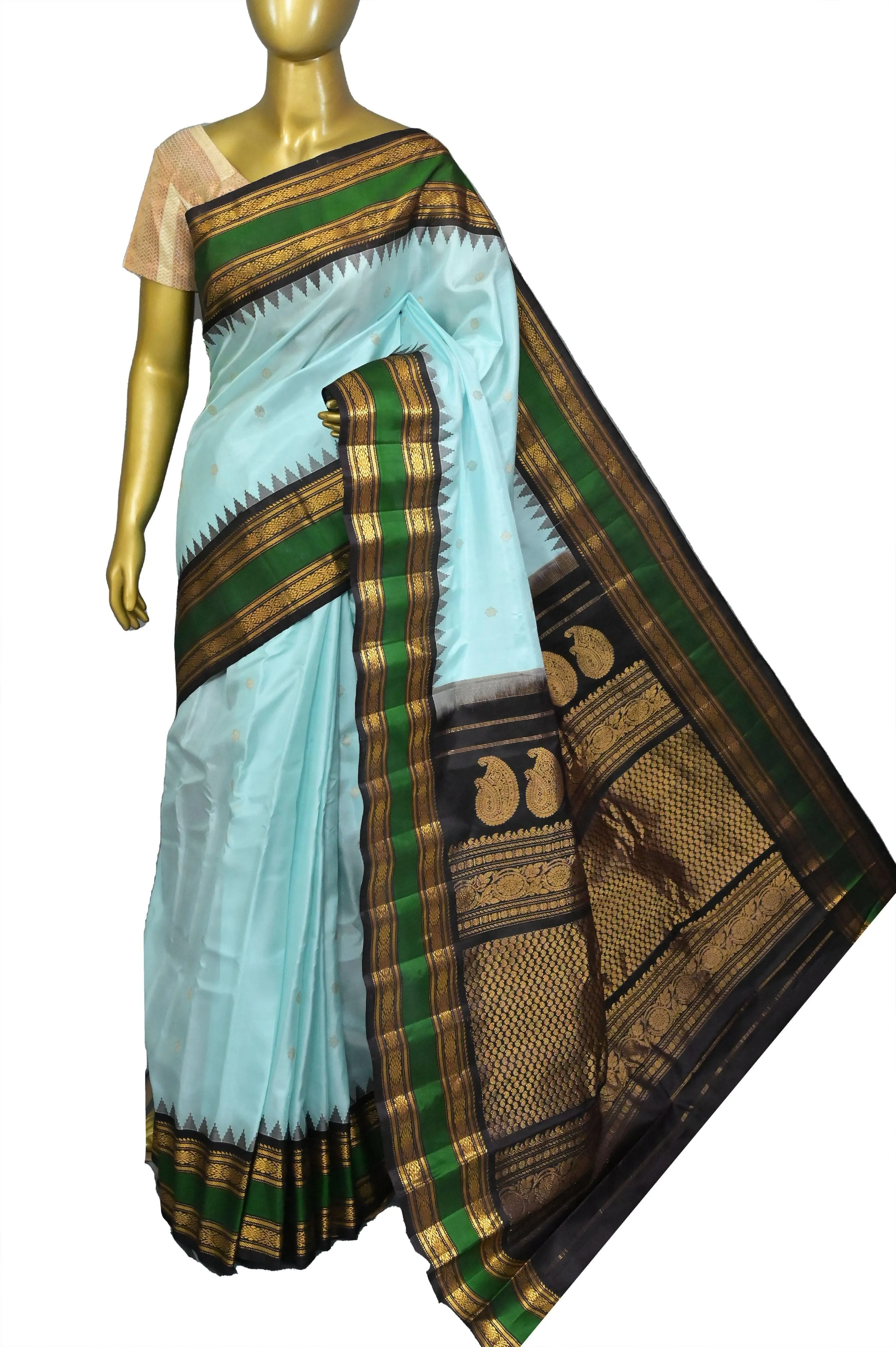 Sky Blue Color Pure Gadwal Silk Saree with Buti Work and Temple Border