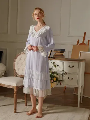 Slessic Polka Dot Printing Lace Embroidery Neckline Cuff Nightdress