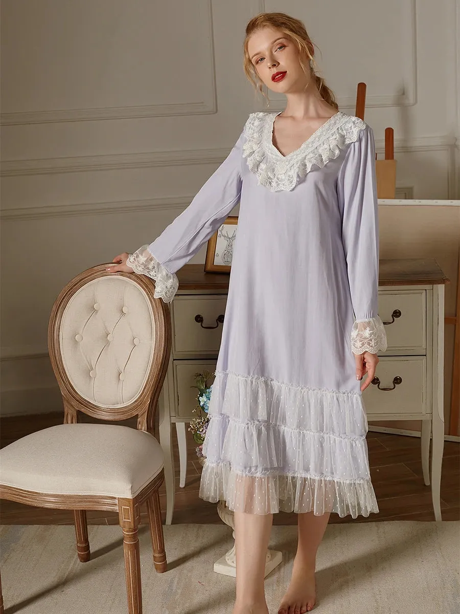 Slessic Polka Dot Printing Lace Embroidery Neckline Cuff Nightdress