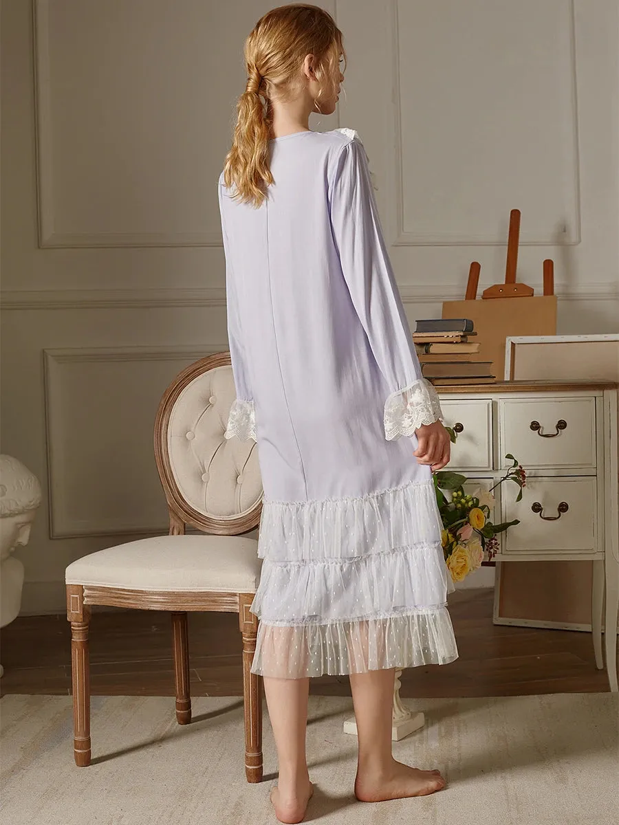 Slessic Polka Dot Printing Lace Embroidery Neckline Cuff Nightdress
