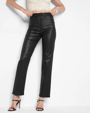 Super High Waisted Black Coated Modern Straight Pant in Pitch Black
