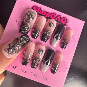 Sweet and Edgy Black-Pink Gradient Flames Press-On Nails – Y2K Trend