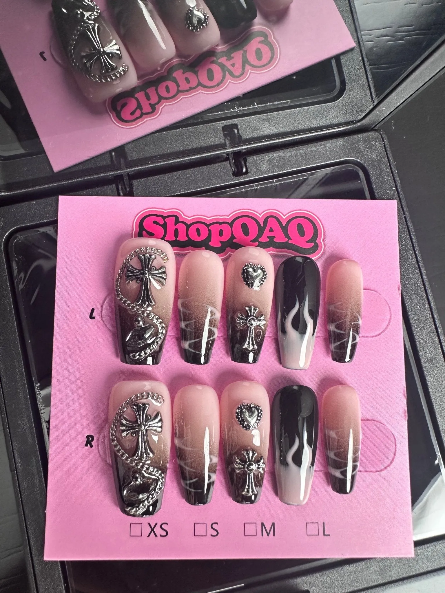 Sweet and Edgy Black-Pink Gradient Flames Press-On Nails – Y2K Trend