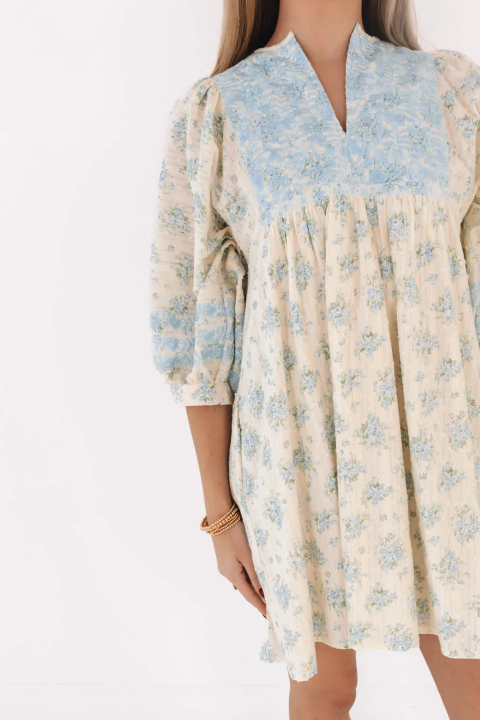 The Hollie Dress - Cream/Light Blue
