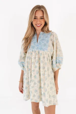The Hollie Dress - Cream/Light Blue