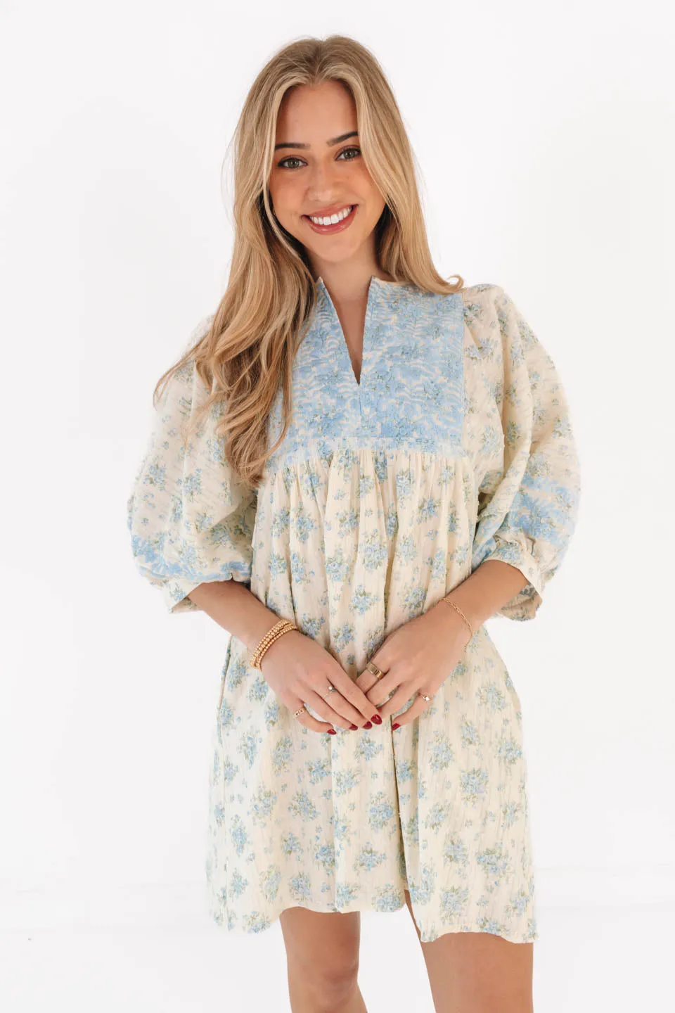 The Hollie Dress - Cream/Light Blue