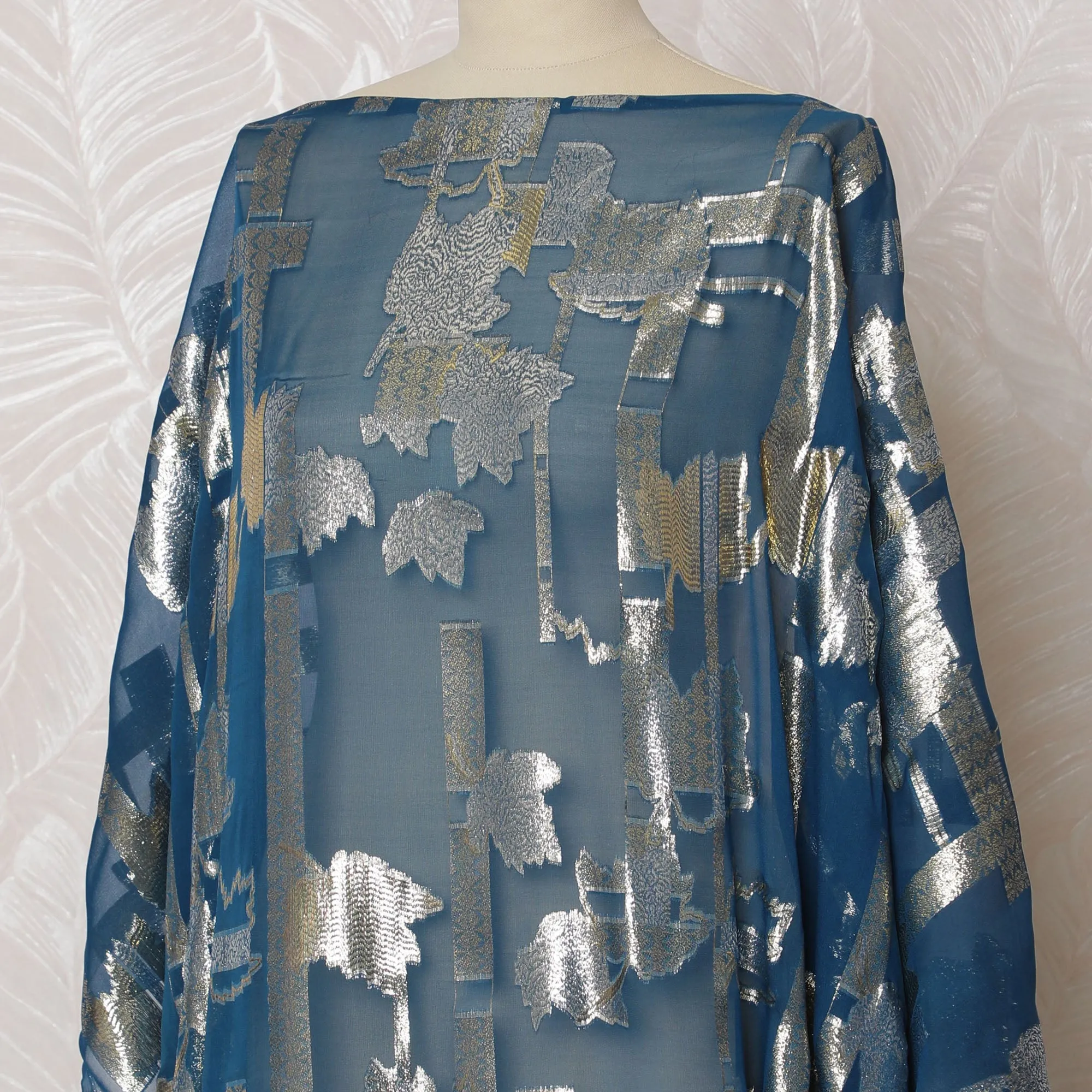 Traditional Somali Dirac Fabric in Pure Silk Chiffon with Metallic Lurex, Teal Blue and Silver, 3.5 Meters, 140 cm Width-D19870