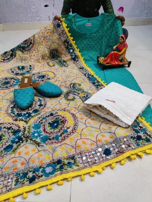 Turquoise Blue Pure Cotton Phulkari Suit with Beautiful Handmade Mirror Work Shopping Online