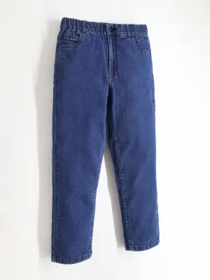 Unisex Easy Fit Washed Dark Blue Denim Jeans