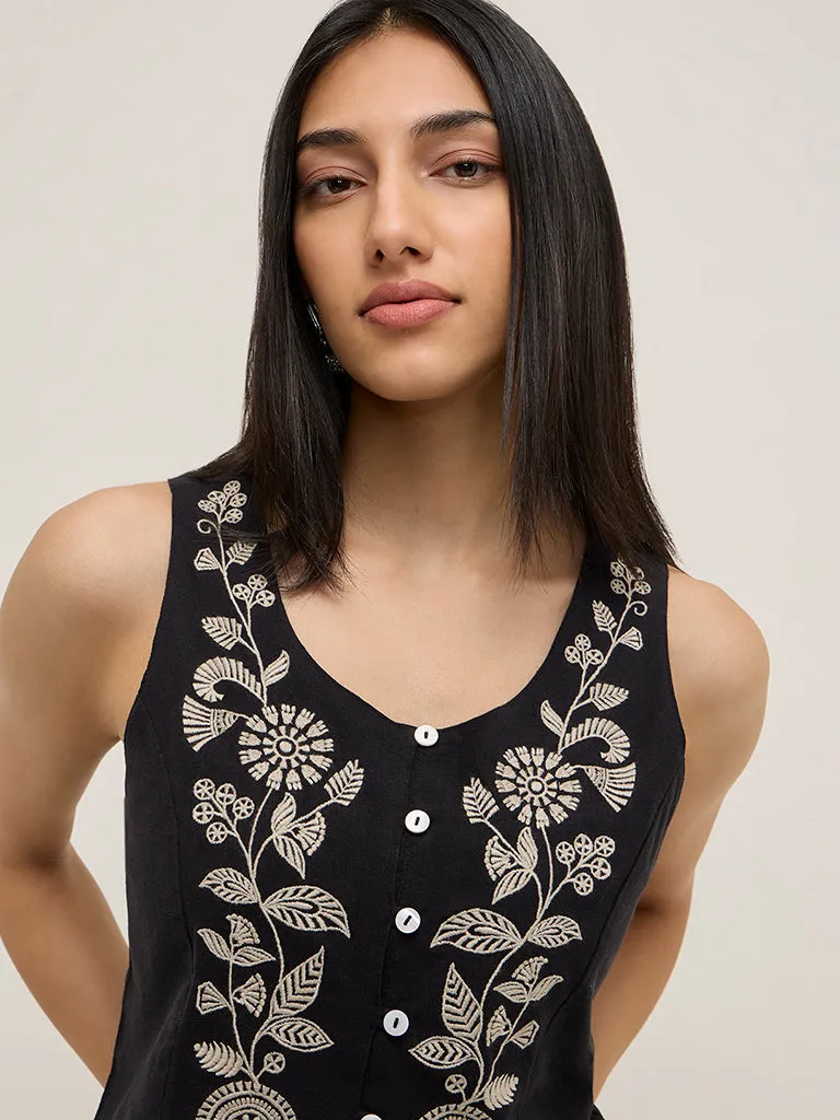 Utsa Black Floral Embroidered Waistcoat-Style Cotton-Blend Top