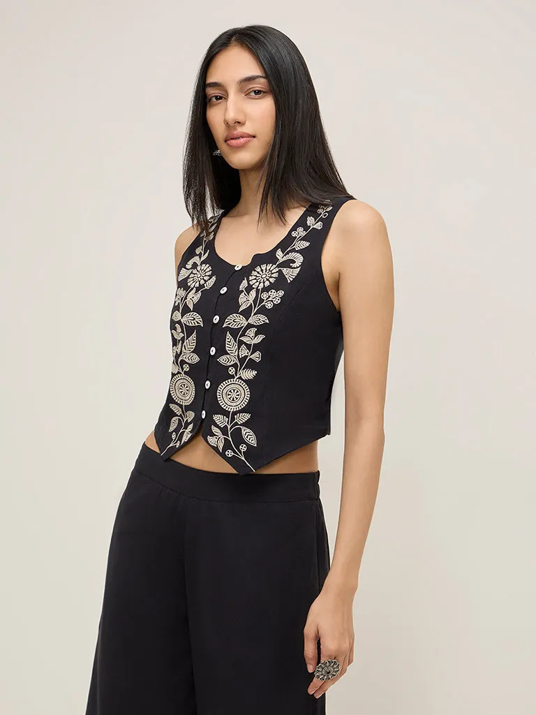 Utsa Black Floral Embroidered Waistcoat-Style Cotton-Blend Top