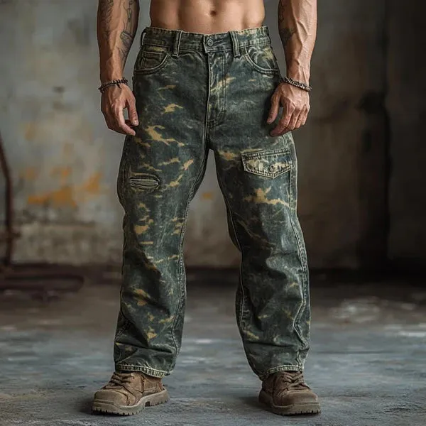 Vintage Camouflage Print Ripped Jeans