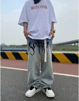 Wiaofellas  -  American Street Jeans Hip Hop Letter Jeans Printed Belt Jeans Retro Loose Wide Leg Pants Biker Jeans  Skinny Jeans