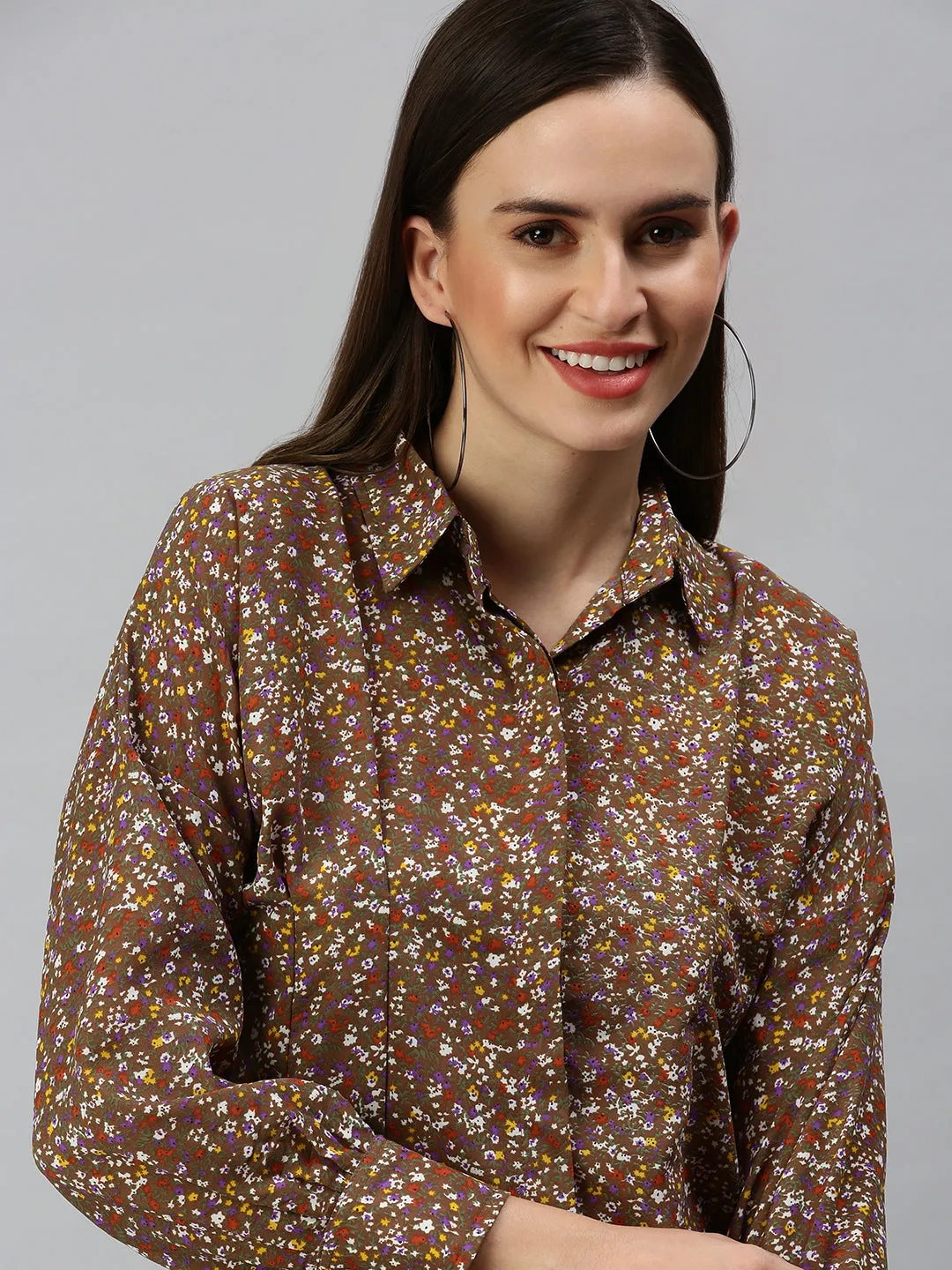 Women Slim Fit Brown Floral Shirt