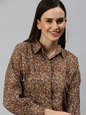 Women Slim Fit Brown Floral Shirt