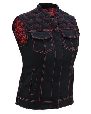 Womens Black Denim Biker Vest with Hearts and Red Stitching