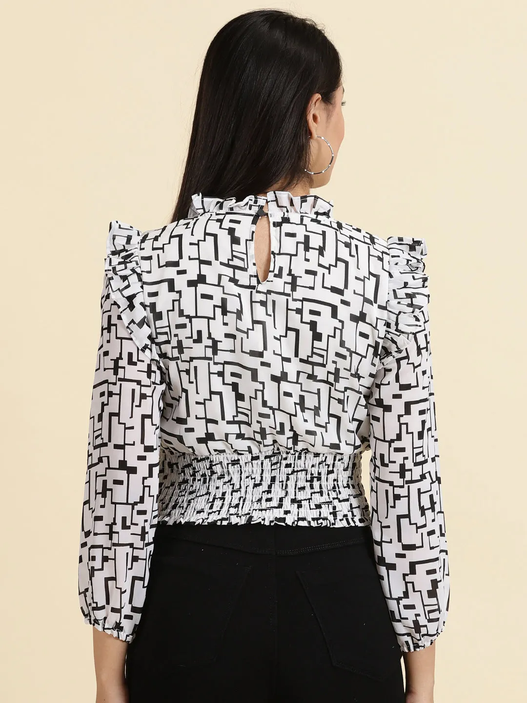 Women's White Printed Cinched Waist Top