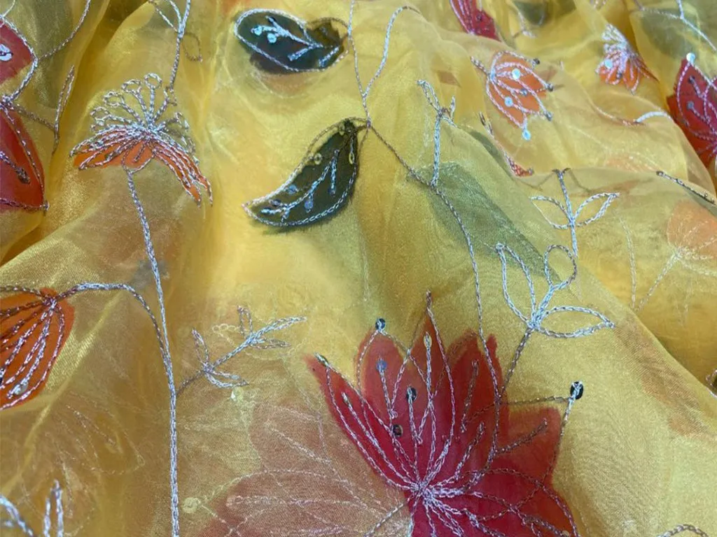 Yellow Multicolor Floral Sequins Net Embrioded Viscose Fabric