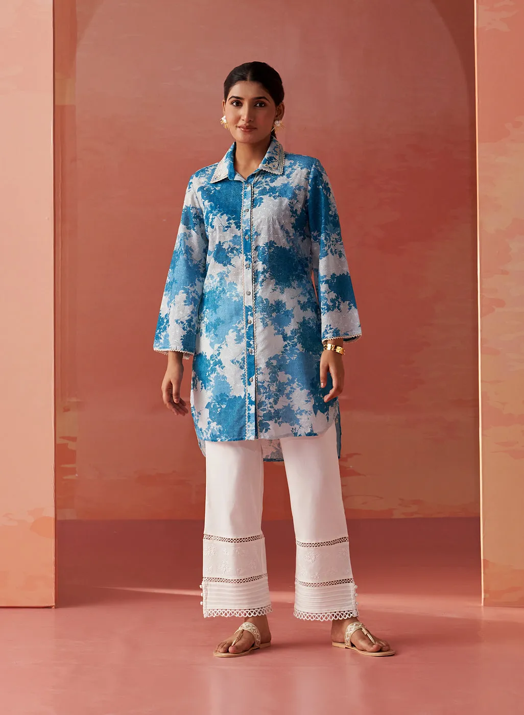 Zareena Blue Printed Schiffli Cotton Shirt
