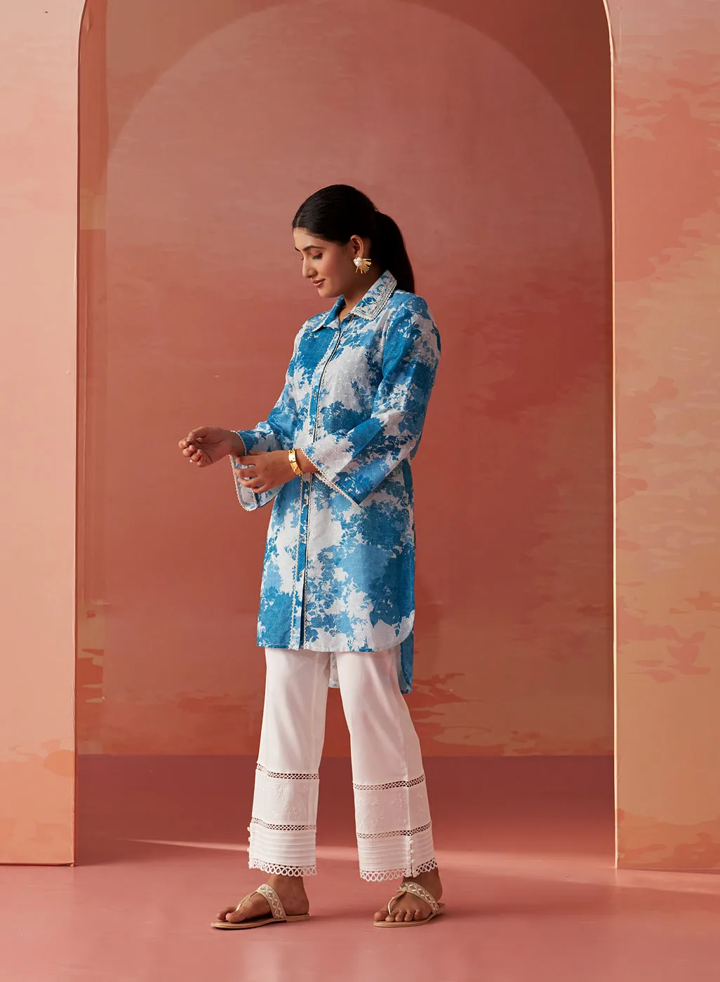 Zareena Blue Printed Schiffli Cotton Shirt