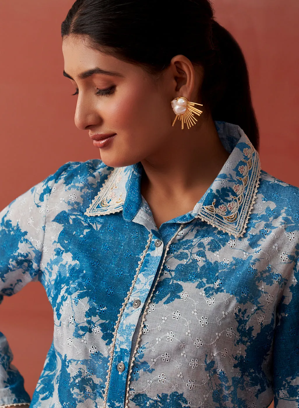 Zareena Blue Printed Schiffli Cotton Shirt